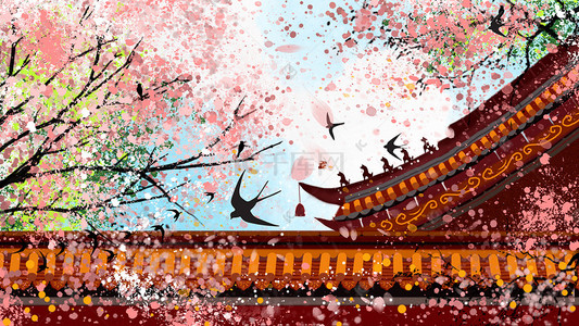 中国风古建筑春天花开手绘图花朵花