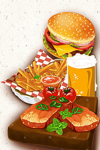 西餐牛排菜单背景插画图片_汉堡美国特色特产插画手绘牛排