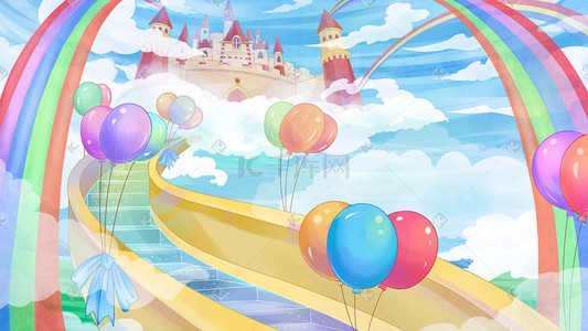 冷猫的可爱插画图片_小清新唯美彩虹天空城堡气球可爱场景