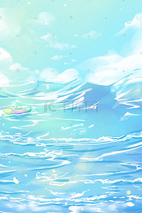 小清新大海插画图片_夏天蓝色小清新大海夏天水浪游泳圈景色