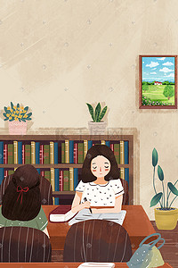 图书线稿插画图片_图书馆里读书的女生
