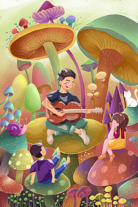 蘑菇插画图片_父亲节蘑菇上弹吉他的父亲手绘插画