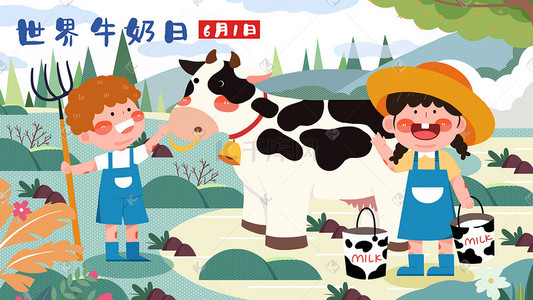 牛奶顺滑插画图片_世界牛奶日挤牛奶插画