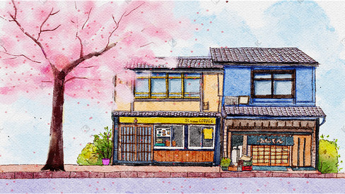水彩建筑蓝天樱花树下房子插画花朵花