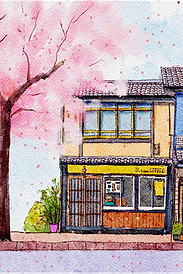 水彩建筑蓝天樱花树下房子插画花朵花