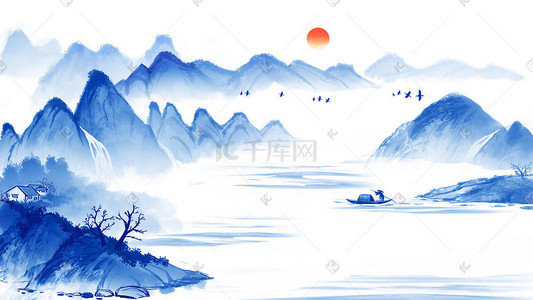 唯美唯美古风水彩插画图片_山水风景青花瓷中国风古风唯美国风