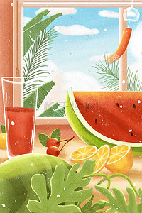 酒水饮料插画图片_小清新夏季水果西瓜饮料果汁柠檬手绘
