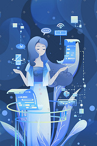 科技未来卡通插画图片_扁平办公少女蓝色唯美卡通插画科技科技
