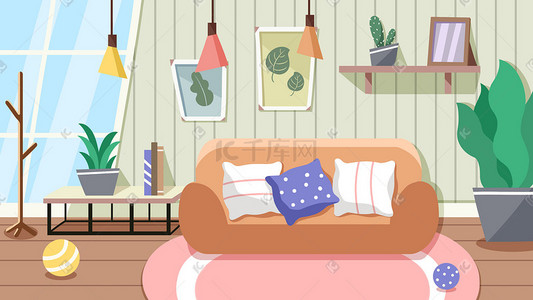 扁平风插画图片_扁平风家具室内沙发盆栽植物手绘场景