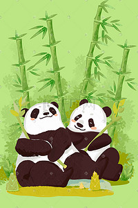 动物团队插画图片_熊猫动物竹子竹笋插画手绘
