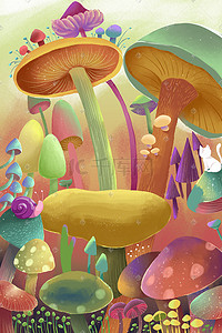 蜗牛插画图片_小清新唯美植物手绘蘑菇蜗牛猫咪治愈场景