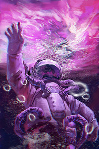手绘想象插画图片_幻梦坠入水中的宇航员手绘插画