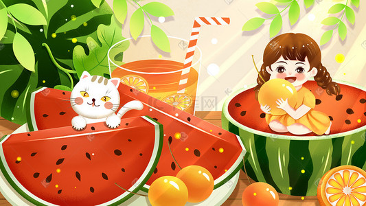 西瓜猫插画图片_大暑夏天西瓜冷饮柠檬汁可爱女孩和猫咪