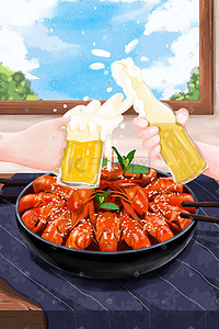 夏季清新美食小龙虾配啤酒插画
