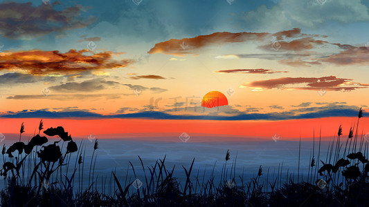 炫彩时间框插画图片_炫彩日出手绘唯美夕阳风景