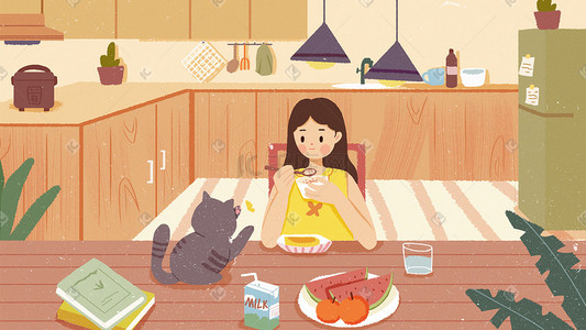 艺术暑假活动海报插画图片_暑假生活早晨吃早餐