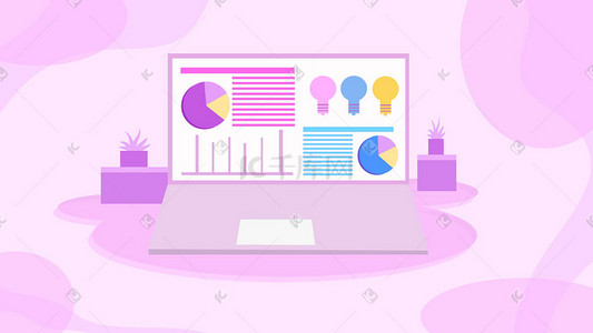 创意灯泡插画图片_粉紫色渐变金融商务数据图