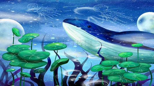 蜡笔风格夏日梦幻鲸鱼章鱼在水里