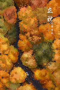 秋天森林插画图片_立秋俯视森林落叶美景