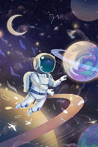 星空星空插画图片_治愈系梦幻唯美星空宇航员星球太空夜晚插画