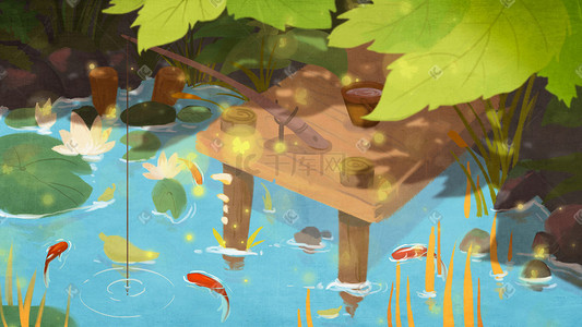 红插画图片_炎热夏天树下小池塘消暑钓鱼红锦鲤
