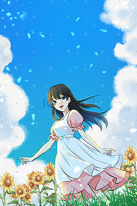 阳光花花插画图片_夏天阳光向日葵花田少女