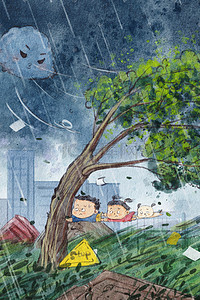 风吹竹林插画图片_台风天气被风吹走一些场景