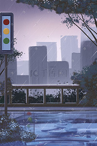 温州剪影插画图片_紫色调暴雨天里的女孩