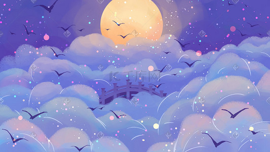 小月亮月亮插画图片_七夕七夕节紫色唯美小清新梦幻云朵月亮夜景