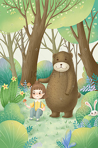 夏日玩耍插画图片_森林童话处暑夏天夏季风景草地和熊熊采蘑菇
