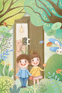 儿童房一角插画图片_花园处暑夏天夏季风景草地兔子儿童郊游