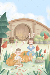夏日玩耍插画图片_兔子精灵森林童话处暑夏天夏季风景草地