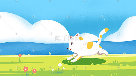 草地猫咪插画图片_卡通可爱猫咪在草原上奔跑插画