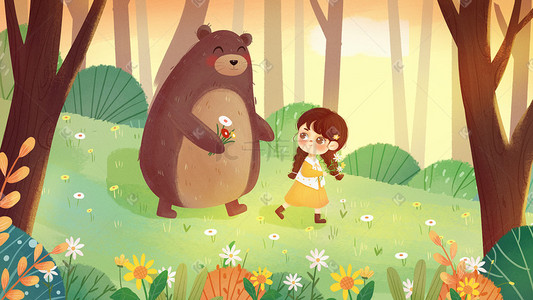 绘本风森林小熊女孩采花插画