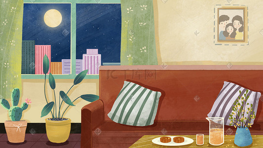 中秋室内兔子沙发桌子月饼手绘夜景月亮中秋