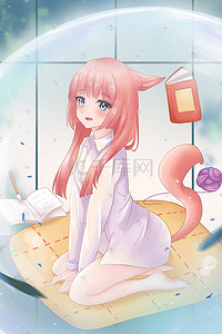 二次元插画图片_二次元卡通动漫手绘萌妹少女猫耳娘瓶中少女