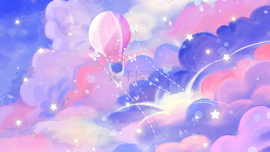 唯美紫色背景插画图片_唯美治愈热气球天空背景