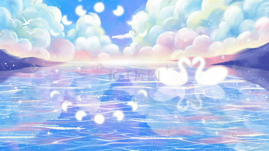 湖面倒影插画图片_天空湖面风景蓝色背景