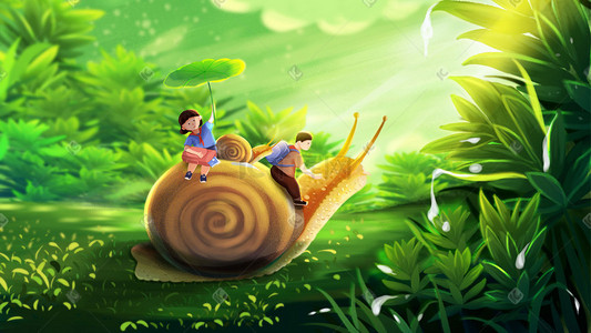 蜗牛插画图片_开学季创意小蜗牛场景