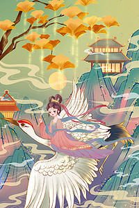 白露驾鹤游于山间国风手绘插画
