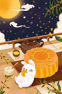 中秋月饼元素插画图片_中秋节中秋月饼节日月亮兔子