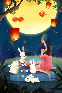 中秋节中秋孔明灯月亮兔子月饼中秋