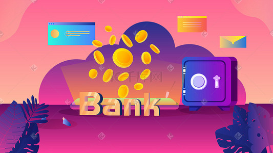 银行银行插画图片_紫色红色扁平金融银行白领理财场景
