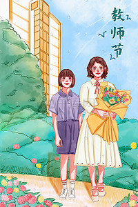 教师节手绘水彩淡彩学生老师合照插画