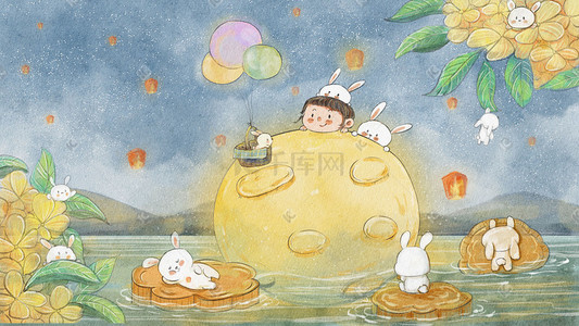 集合撞色插画图片_中秋节中秋月亮兔子月饼集合中秋