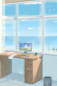 日系书桌海面天空场景平面肌理插画
