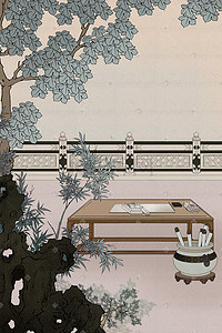 风俗文化插画图片_中国风古风书桌书画植物传统生活文化古代