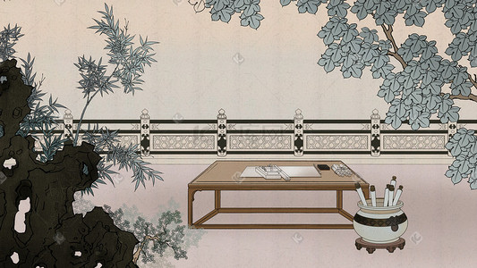 一个人胖妹妹生活插画图片_中国风古风书桌书画植物传统生活文化古代