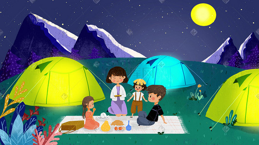 中秋节秋天露营一家人吃月饼图