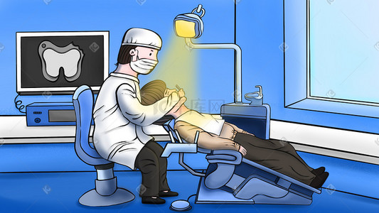 牙医宣传插画图片_蓝色卡通小清新牙医医疗器械宣传图科普